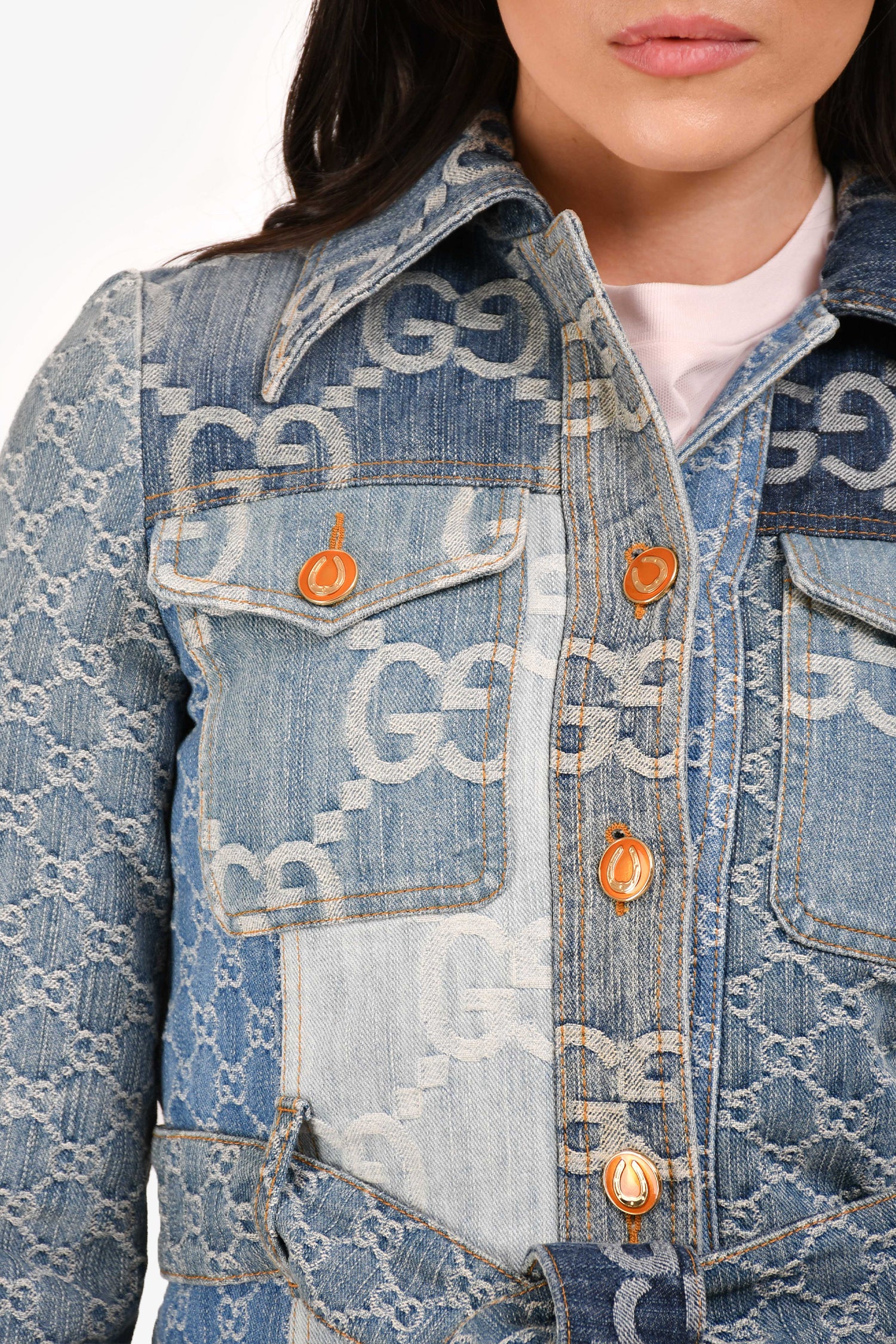 Gucci Blue GG Patchwork Denim Jacket with Waist Belt Size 36
