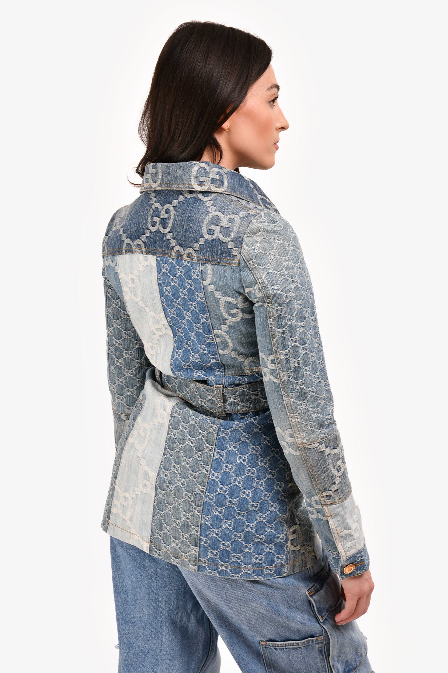Gucci Blue GG Patchwork Denim Jacket with Waist Belt Size 36