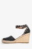Valentino Black Leather Rockstud Espadrille Wedges Size 37