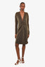 Gucci Gold Metallic Ruched V-Neck Long Sleeve Dress Size 44