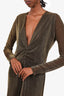 Gucci Gold Metallic Ruched V-Neck Long Sleeve Dress Size 44