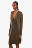 Gucci Gold Metallic Ruched V-Neck Long Sleeve Dress Size 44