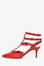 Valentino Red Leather Monochrome Rockstud Cage Kitten Heels Size 35.5