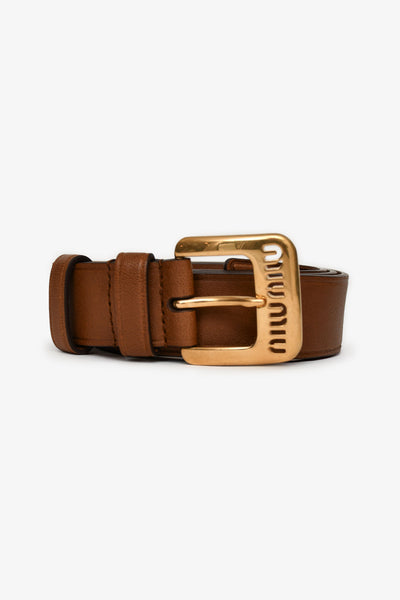 Miu Miu Brown Leather Belt with Gold Logo Buckle 85CM/25MM Miu Miu cut-out Logo Leather Belt | Brown | FARFETCH main image 4