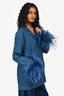 Valentino Blue Denim Blazer Jacket with Feather Trim Size 42