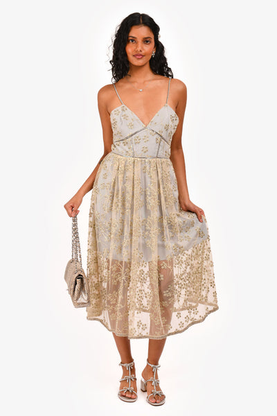 self portrait floral chain mini dress Self-Portrait Grey Floral Embroidered Chain Detailed Sleeveless Dress –  Mine & Yours