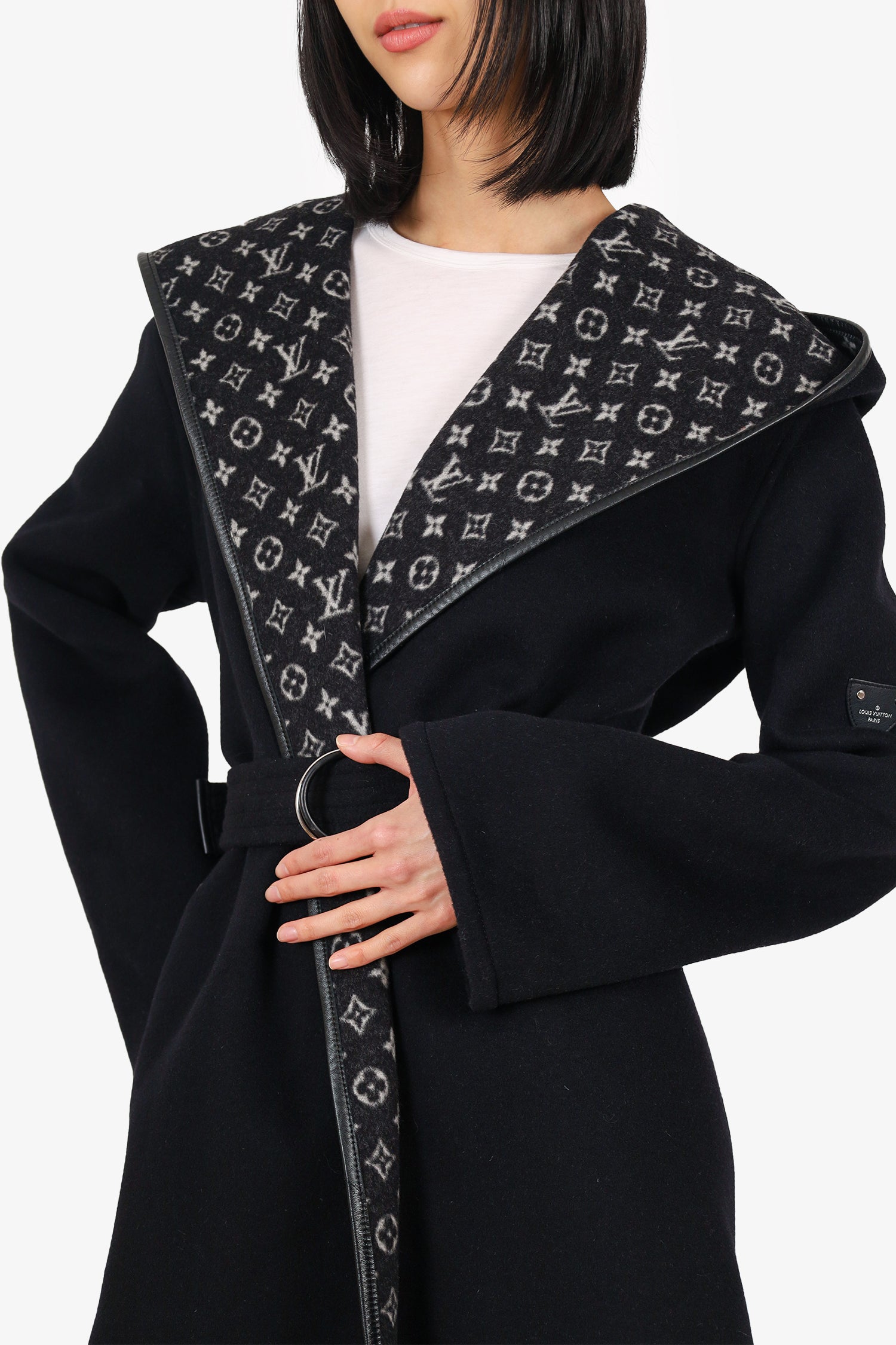 Louis Vuitton Black Wool Monogram Hooded Wrap Coat Size 34 – Mine
