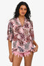 Sandro Pink Silk Leaf Pattern Short Sleeve Button Down Top Size 1
