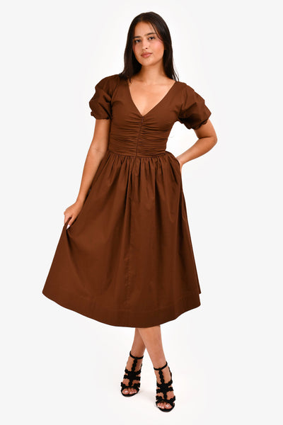 Staud Brown Cotton V-Neck Zip Front Puff Sleeve Midi Dress Size 2 Mine & Yours Staud Brown Cotton V-Neck Zip Front Puff Sleeve Midi Dress Size 2 Mine & Yours
