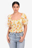 Faithfull The Brand Orange/White Floral Cropped Puff Sleeve Top Size 6