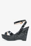 Prada Black Woven Patent Leather Wedge Sandals Size 38.5