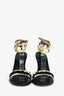 Fendi Vintage Black/Gold Leather Multistrap Heeled Sandals with Striped Heel Size 38.5