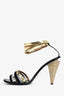 Fendi Vintage Black/Gold Leather Multistrap Heeled Sandals with Striped Heel Size 38.5