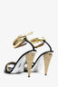 Fendi Vintage Black/Gold Leather Multistrap Heeled Sandals with Striped Heel Size 38.5