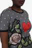 Dolce & Gabbana Grey Polka Dot Rose Print T-Shirt Size 44