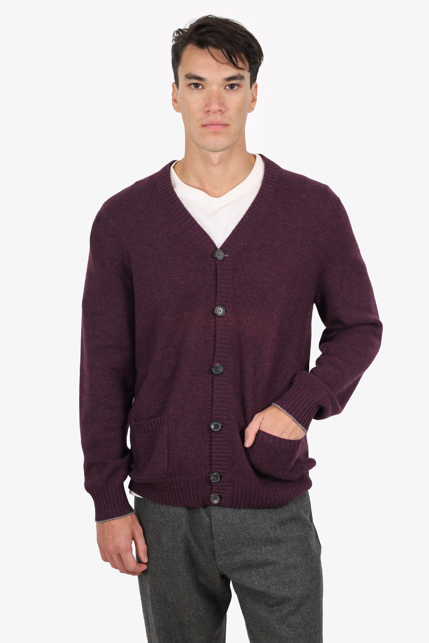 Brunello Cucinelli Burgundy Cashmere Knit Cardigan Size 54 Mens