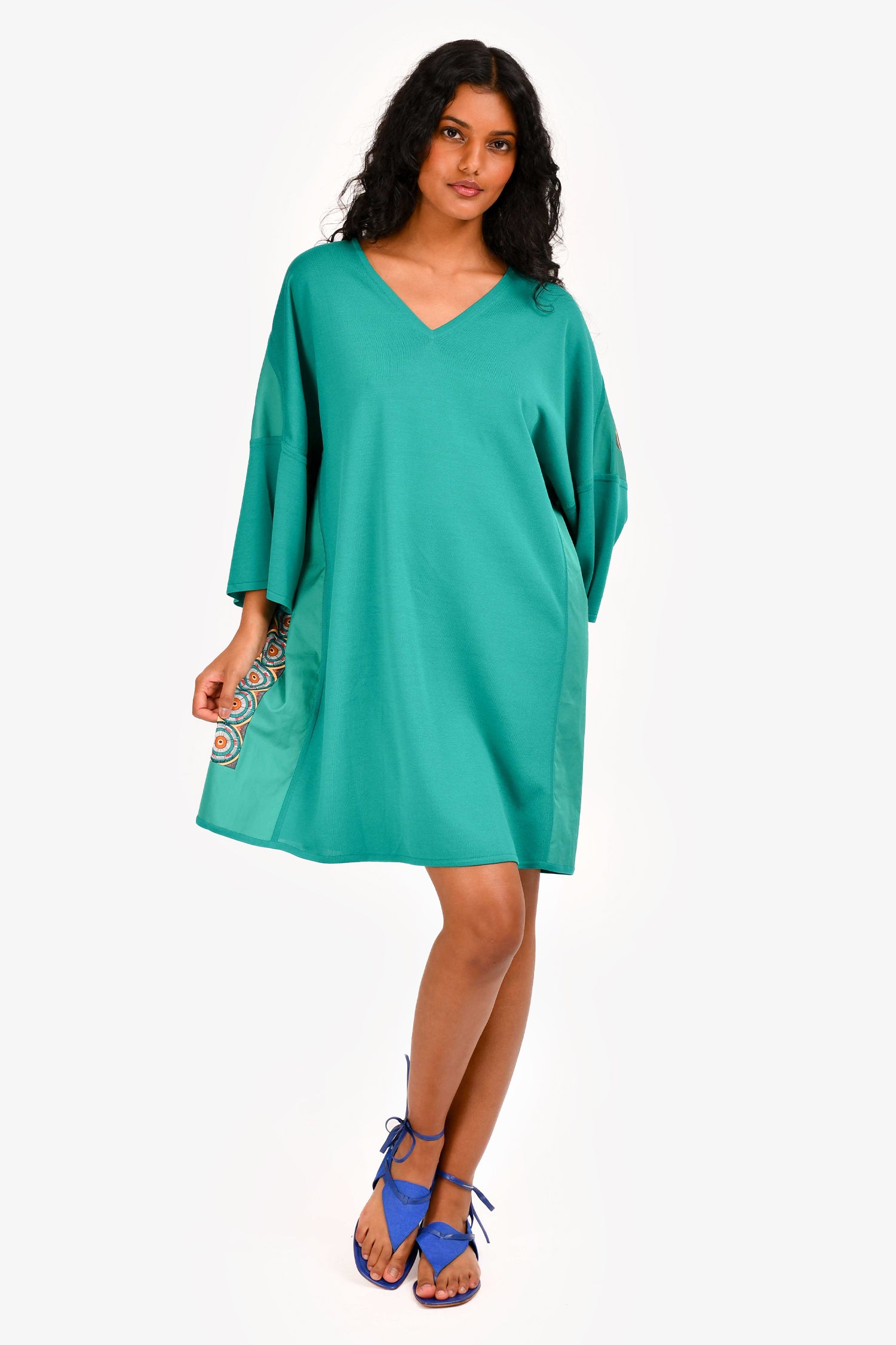 Herms Green Knit/Cotton V-Neck Printed Dress Size 38 Mine & Yours Herms Green Knit/Cotton V-Neck Printed Dress Size 38 Mine & Yours