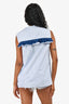 Prada White/Blue Striped Ruffled Detail Logo Applique Top Size 42
