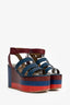 Hermès Blue/Burgundy Leather/Wood Platform Strappy Sandals Size 38