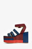 Hermès Blue/Burgundy Leather/Wood Platform Strappy Sandals Size 38