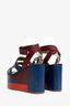 Hermès Blue/Burgundy Leather/Wood Platform Strappy Sandals Size 38
