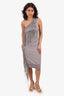 Roberto Cavalli Grey Ribbed Fringed One Shoulder Dress Size 40 (As Is)