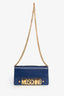 Moschino Navy Blue Leather Logo Flap Bag with Chain