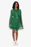 Self Portrait Green Chiffon Lace Pleated Detailed Long Sleeve Mini Dress Size 0 US