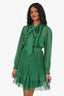Self Portrait Green Chiffon Lace Pleated Detailed Long Sleeve Mini Dress Size 0 US