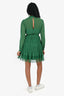 Self Portrait Green Chiffon Lace Pleated Detailed Long Sleeve Mini Dress Size 0 US