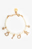 Christian Dior Faux Pearl Gold Toned Crystal Logo Charm Bracelet