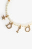 Christian Dior Faux Pearl Gold Toned Crystal Logo Charm Bracelet