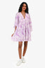 Ganni Purple/White Marble Print Pleated Babydoll Dress Size XXS