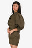 Ganni Green Woven Plaid Puff Sleeve Mock Neck Mini Dress Size 34