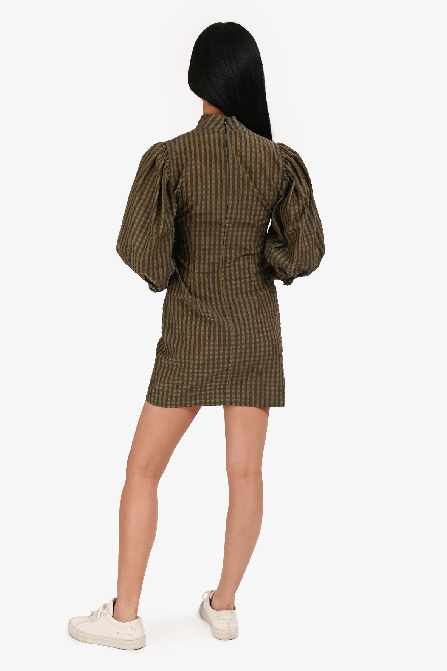 Ganni Green Woven Plaid Puff Sleeve Mock Neck Mini Dress Size 34 – Mine &  Yours