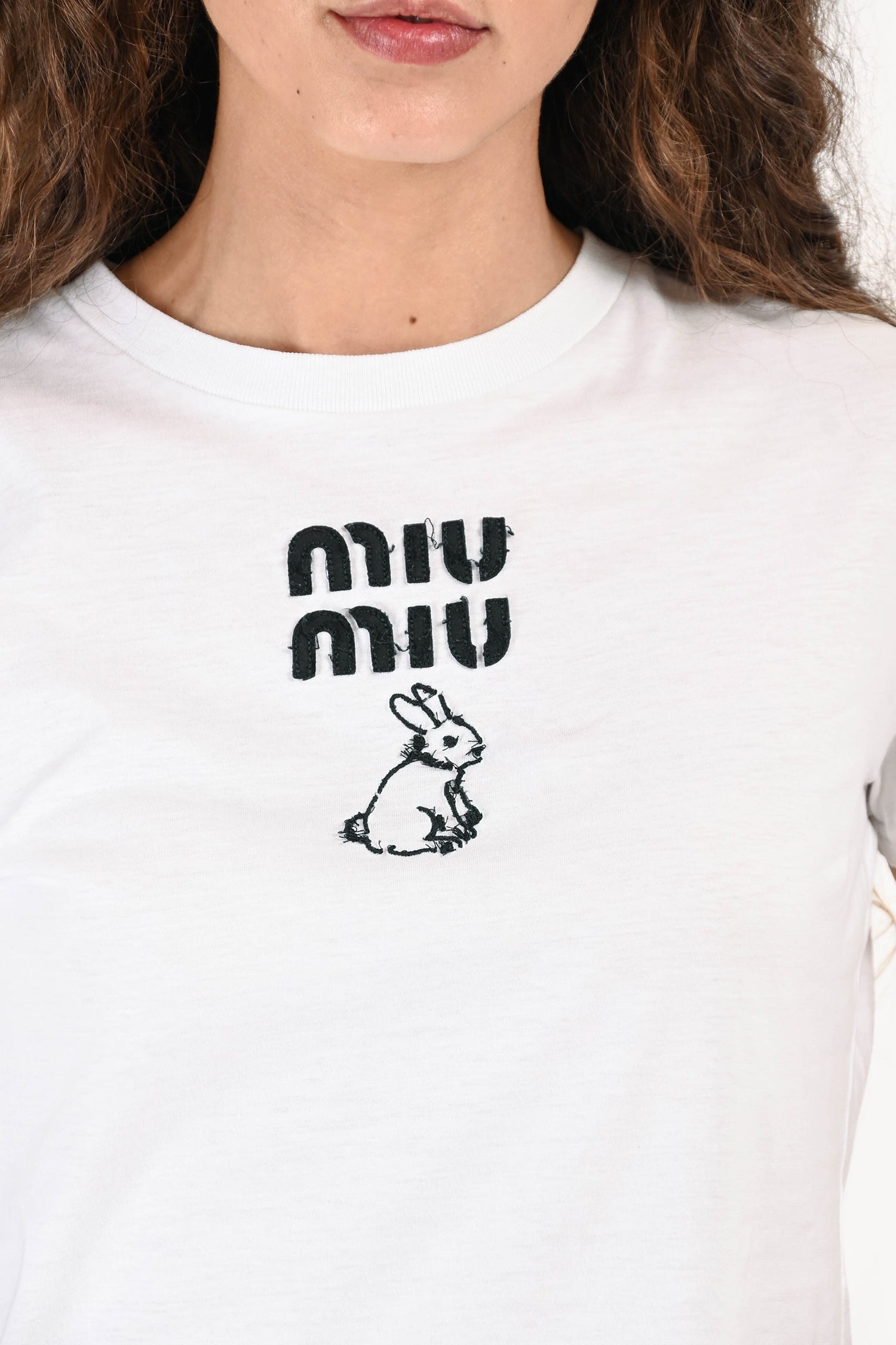 Miu Miu White/Black Logo Rabbit Embroidered Short Sleeves Cropped