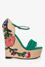 Gucci Teal Suede Raffia Embroidered Floral Wedges Size 38.5