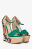 Gucci Teal Suede Raffia Embroidered Floral Wedges Size 38.5