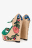 Gucci Teal Suede Raffia Embroidered Floral Wedges Size 38.5
