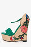 Gucci Teal Suede Raffia Embroidered Floral Wedges Size 38.5
