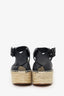Celine Black Leather Peep-Toe Buckle Espadrille Wedges Size 40