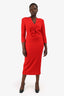 Roland Mouret Red Wool Crepe Floral Appliqué Long Sleeves Midi Dress Size 6 US