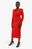 Roland Mouret Red Wool Crepe Floral Appliqué Long Sleeves Midi Dress Size 6 US