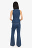 Self-Portrait Blue Denim Embellished Button Sleeves Collared Top + High Waisted Flare Jeans Size 2
