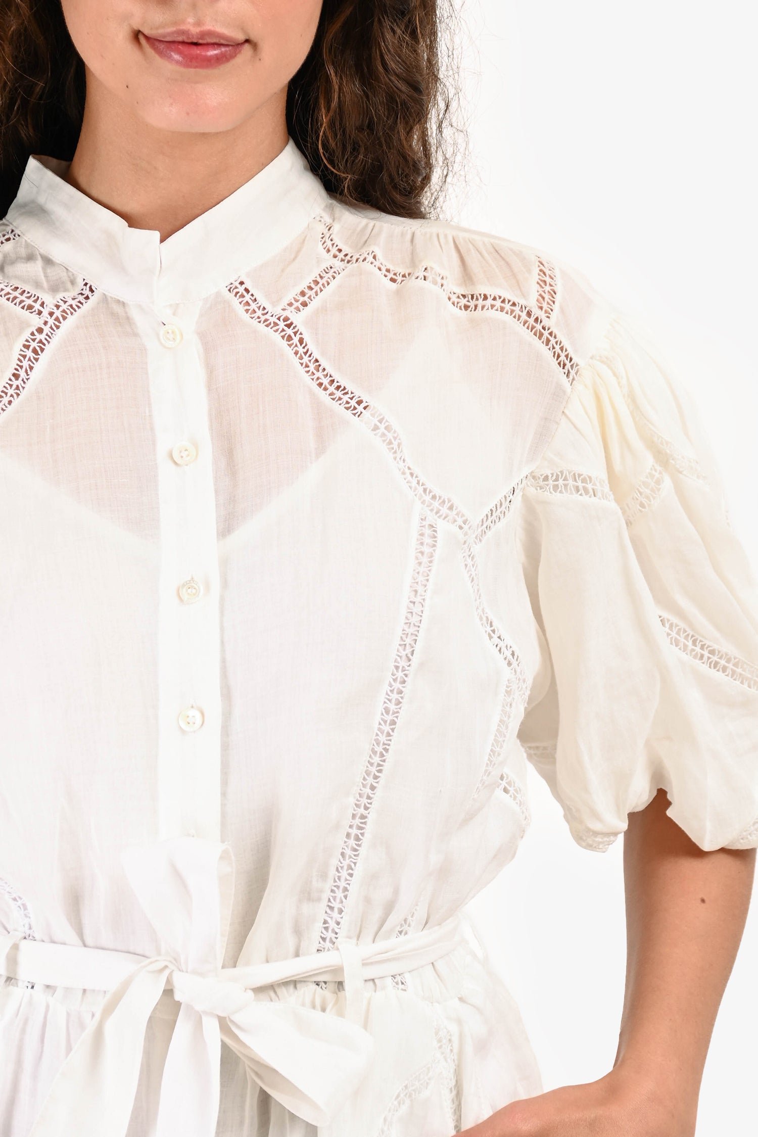 Frame White Inset Lace Puff Sleeve Dress with Waist Tie Size S Mine & Yours Frame White Inset Lace Puff Sleeve Dress with Waist Tie Size S Mine & Yours