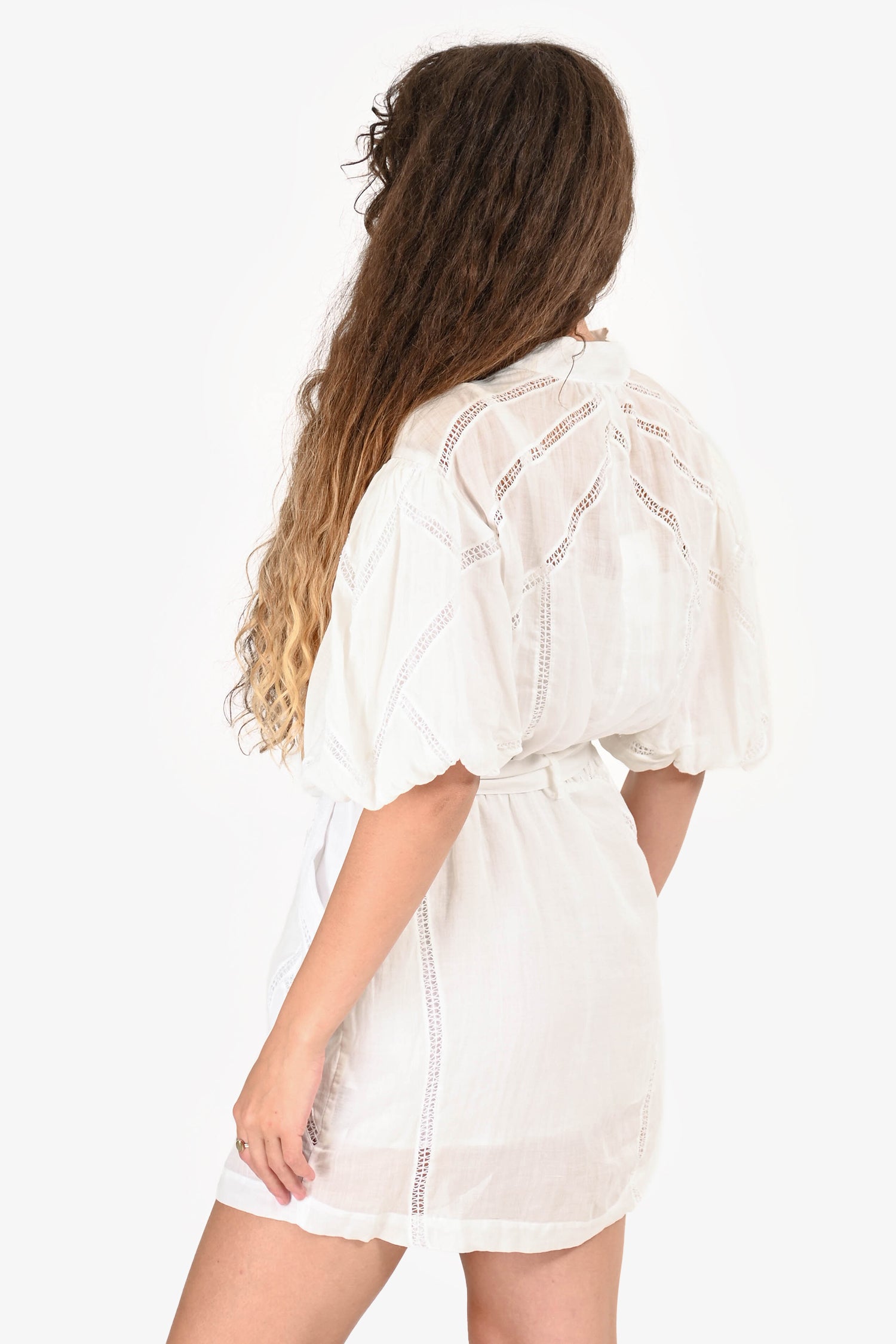frame inset lace puff sleeve dress Frame Dress Womens Small White Inset Lace Puff Sleeve Stand Collar Pockets *READ