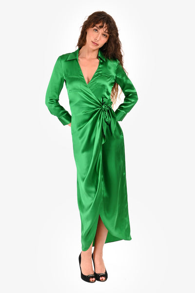 green emerald velvet dress L'agence Akiya Satin Tank Top Dress in Malachite Green