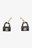 Pre-Loved Chanel™ Black/Gold Tone Metal Resin Lambskin Quilted CC Turnlock Chain Bag Hoop Earrings