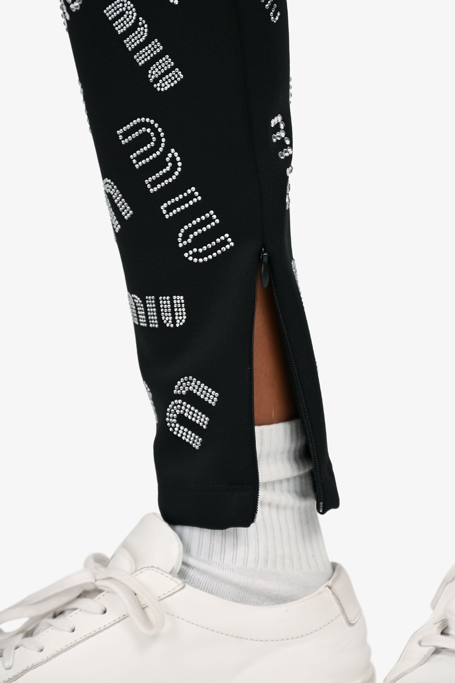 Miu Miu 2019 Black Crystal Embellished Logo Leggings Size 36