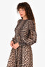 Ganni Leopard Print Ruched Long Sleeve Midi Dress Size 36
